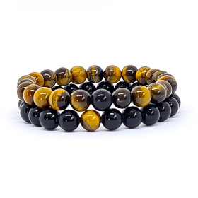 2 BRACELETS PIERRES NATURELLES POUR COUPLE  - Oeil de tigre et obsidienne - KIREI PARIS BIJOUX - 8mm