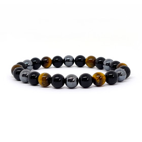 BRACELET PIERRES NATURELLES - KIREI PARIS BIJOUX - HEMATITE OBSIDIENNE et OEIL DE TIGRE 8mm - TRIPLE PROTECTION
