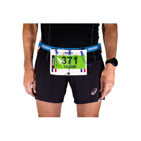 Ceinture porte dossard RUSH Energy Race belt Blue avec 3 points de fixation et 6 porte gels | Planetecycle