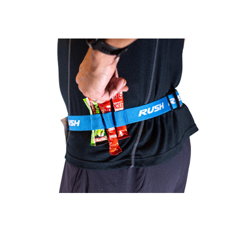 Ceinture porte dossard RUSH Energy Race belt Blue avec 3 points de fixation et 6 porte gels | Planetecycle