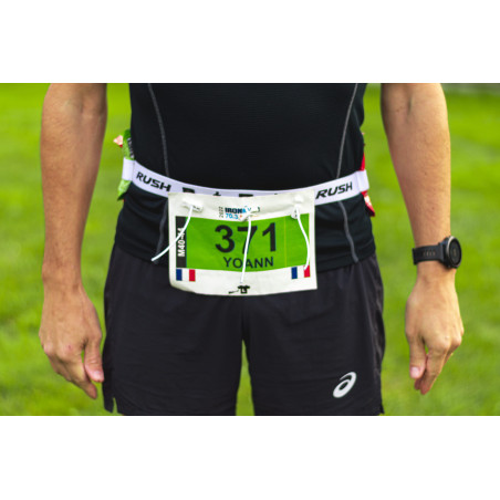 Ceinture porte dossard RUSH Energy Race belt Blanc avec 3 points de fixation et 6 porte gels | Planetecycle