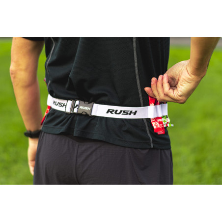 Ceinture porte dossard RUSH Energy Race belt Blanc avec 3 points de fixation et 6 porte gels | Planetecycle