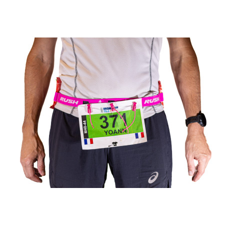 Ceinture porte dossard RUSH Energy Race belt Pink avec 3 points de fixation et 6 porte gels | Planetecycle
