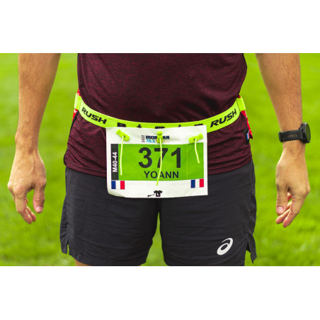 Ceinture porte dossard RUSH Energy Race belt Jaune avec 3 points de fixation et 6 porte gels | Planetecycle