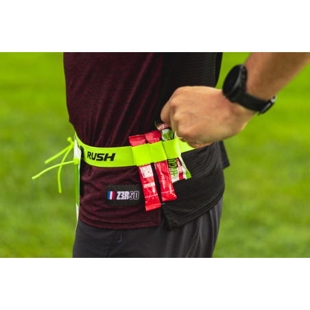 Ceinture porte dossard RUSH Energy Race belt Jaune avec 3 points de fixation et 6 porte gels | Planetecycle