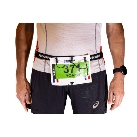 Ceinture porte dossard RUSH Energy Race belt Black avec 3 points de fixation et 6 porte gels | Planetecycle