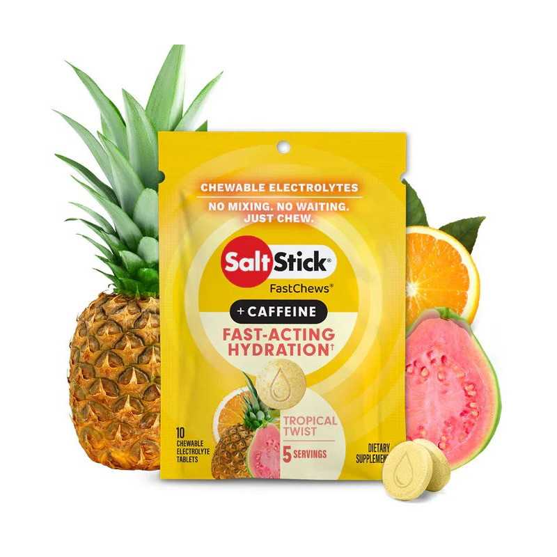Pastilles electrolyte à croquer SALTSTICK Fastchew - Saveur Tropical Twist + CAFFEINE - 10 pastilles | Planetecycle