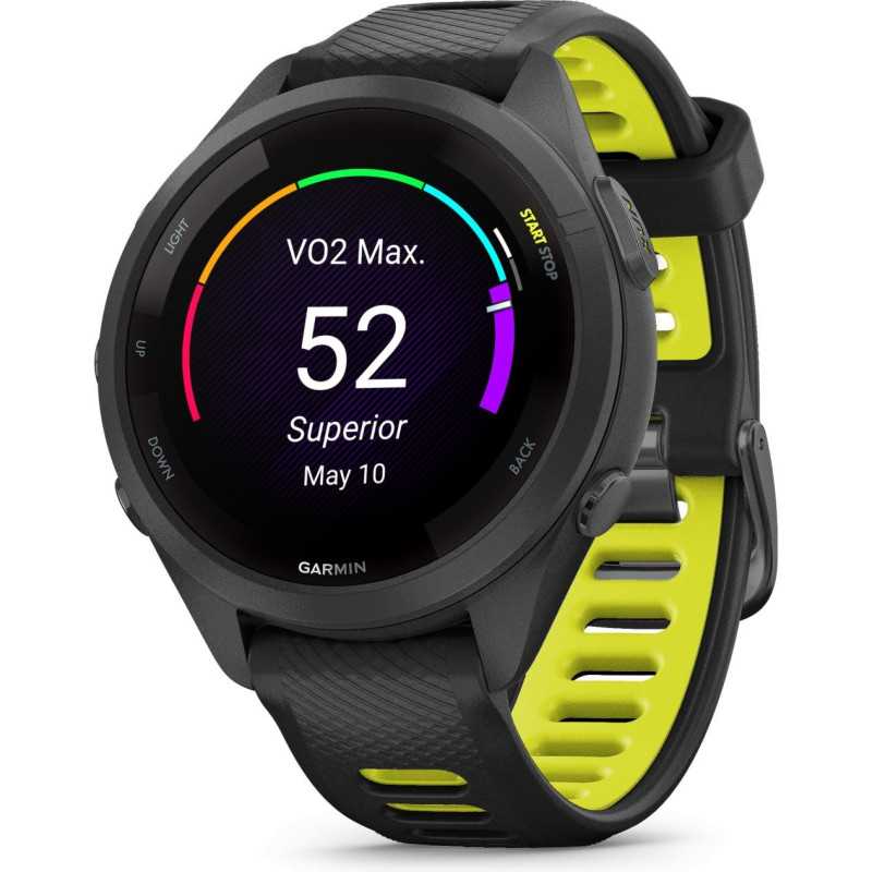 GARMIN Forerunner 265S 42mm noire avec bracelet en silicone noir/jaune - Montre GPS Running | Planetecycle