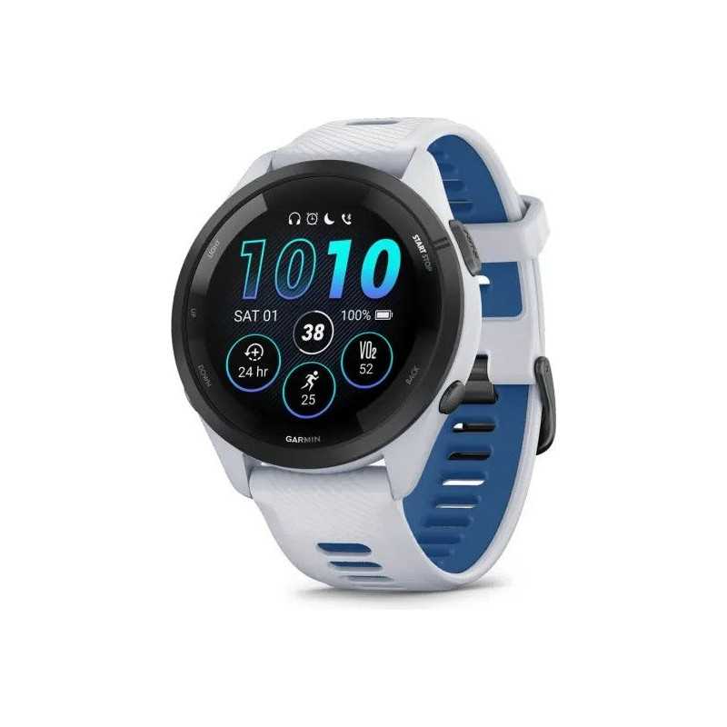 GARMIN Forerunner 265 46mm blanche avec bracelet en silicone blanc/bleu - Montre GPS Running | Planetecycle